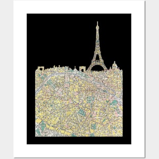 Paris skyline with Eiffel Tower cut from 1930 Paris Map Posters and Art